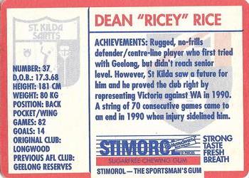 1991 Scanlens Stimorol #98 Dean Rice Back